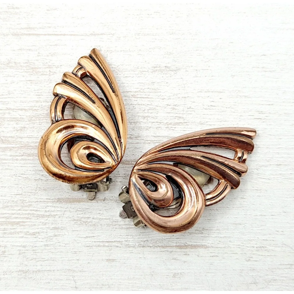 Vintage Matisse Copper Earrings Clip-On Butterfly Wing Designer Jewelry